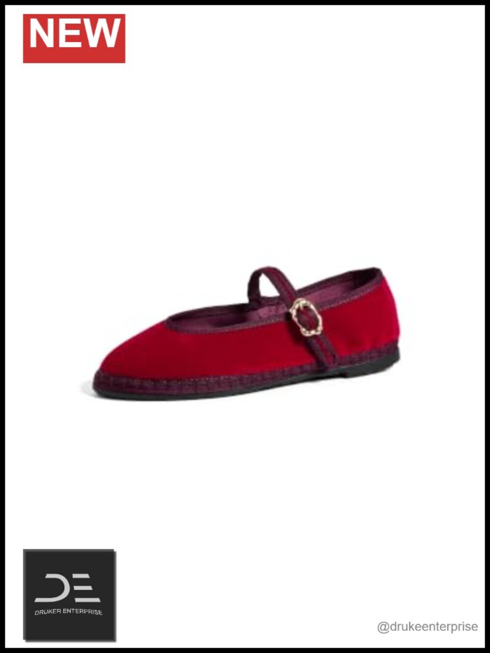 Red Velvet Ballerina Flats with Buckle Strap Mary Jane